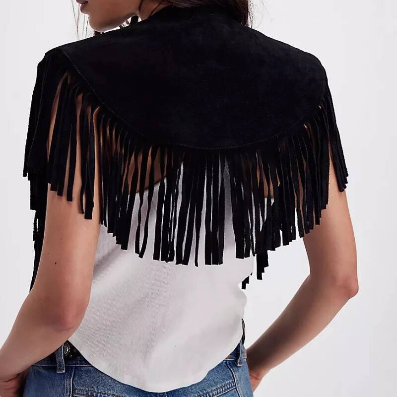 Women Tassel Vest Y2K Sleeveless Fringe Wide Eyes Suede Collar Shawl Open Front Boho Western Jacket Cardigan dongdumaoyi