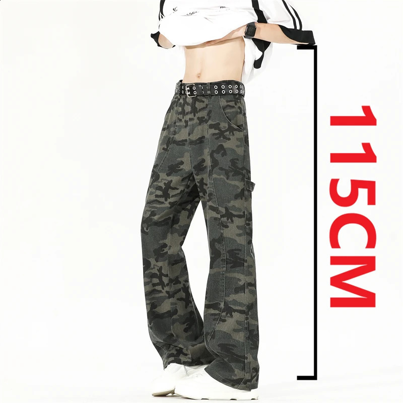Long Length Casual Jeans American Vintage Autumn Camouflage Workwear Pants 190 Tall Men Flared Trousers 115cm 251018