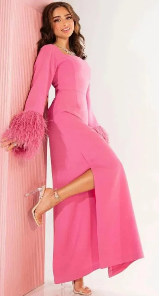 Othray Square Neck Long Sleeve Slit Women Elegant Formal Party Evening Gown vestidos de gala Pink Prom Dress Feathers 251023