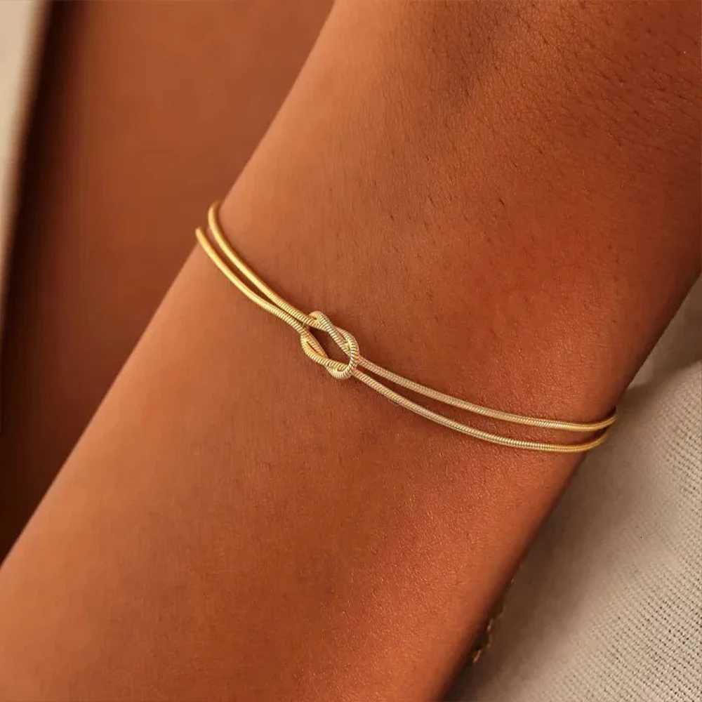 eManco Delicate Round Snake Chain Knotted Couple Friendship Bracelet Stainless Steel GoldPlated Fashion Jewelry WholesaleW251024