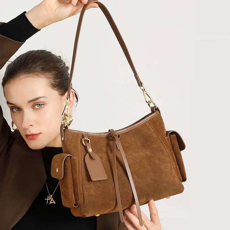 Burminsa Suede Cowhide Genuine Leather Underarm Shoulder Bags For Women 2025 Designer Bucket Crossbody Ladies Handbags