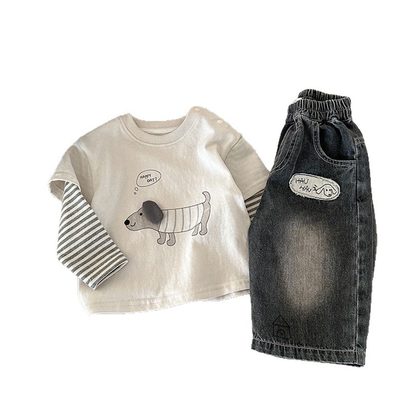 Free Shipping 2025 Trendy Boys Outfit, Mock Layered Long Sleeve Top with Denim Pants, Cool Spring / Autumn Kids Set