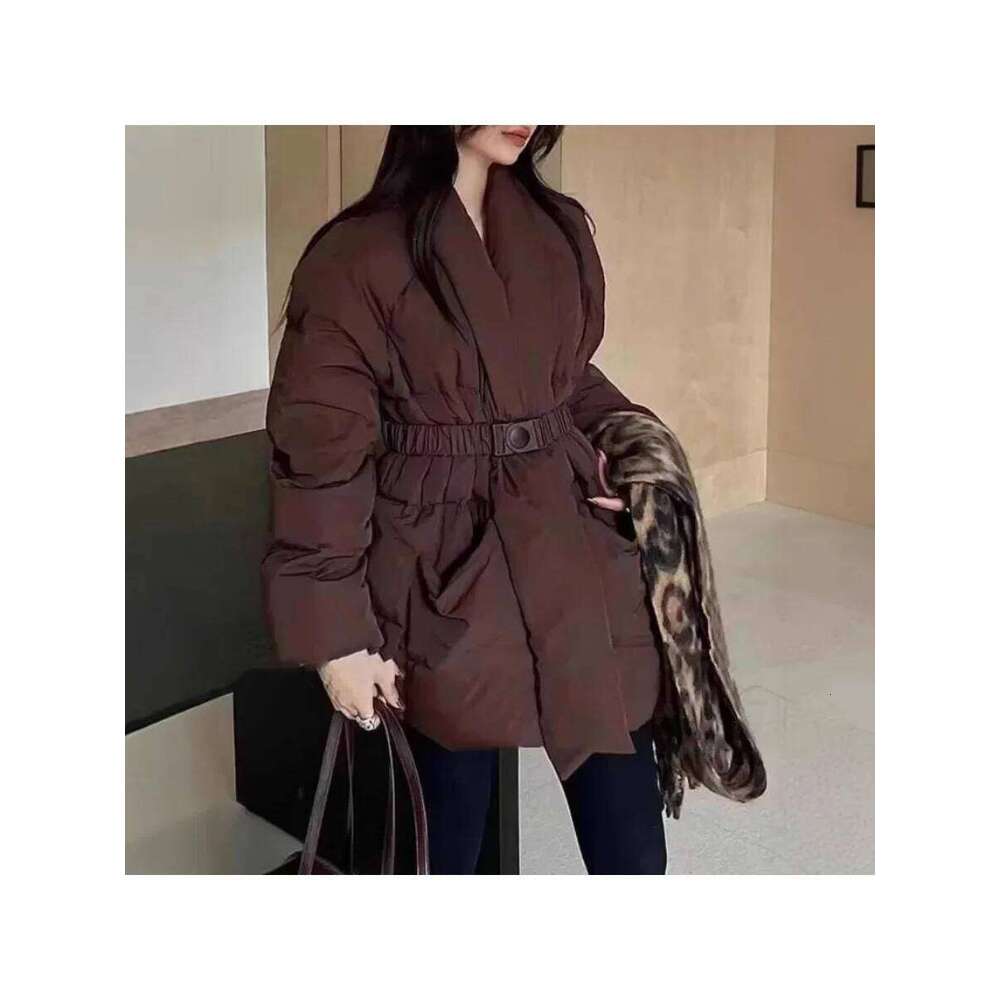2025 Solid Spliced Belt Loose Jackets For Women V Neck Long Sleeve Temperament Parkas Female Fashion Style
