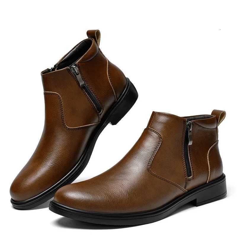 Fashion Brogue Chelsea Men Boots Classical Style Leather Ankle Boots Genuine Leather Mens Winter Plush Snow Botas Walking Shoes W251024