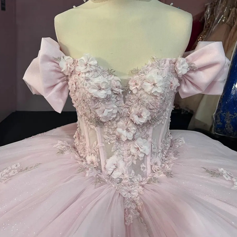 Light Pink 3D Flowers Appliques Lace Quinceanera Dresses Ball Gown Off The Shoulder Bow Sweet 15 Anos Mexican