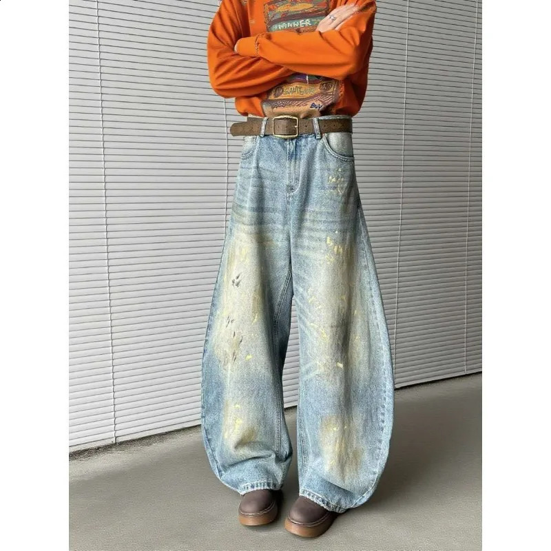 Mens Autumn SemiWide Leg Jeans Korean Fashion Washed Cotton Casual Denim Pants All Match Baggy Vintage Streetwear Male 251018