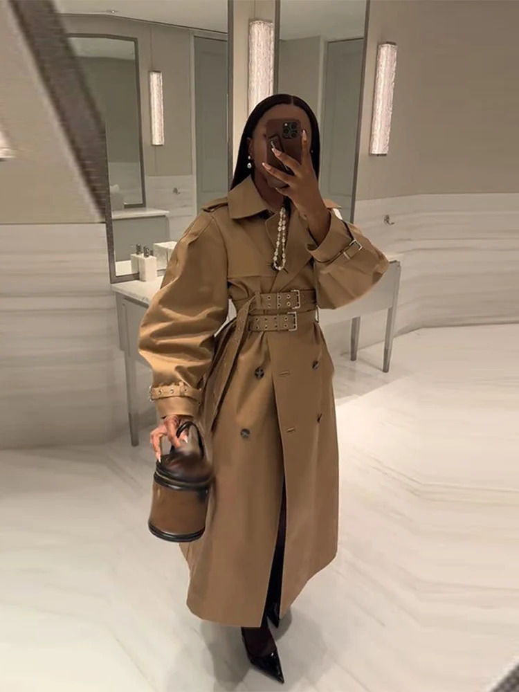 Elegant Double Belt Women Windbreaker Casual Khaki Long Sleeve Lapel Button Female Jacket Autumn Winter Lady Streetwear 251021