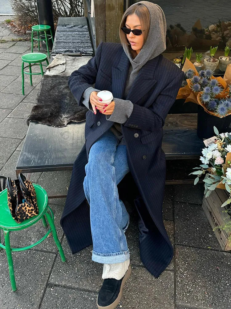 Casual Stripe Long Coat Womens Stylish Vneck Doublebreasted Blazer With Shoulder Pad Autumn Winter Ladies Outwear 251021