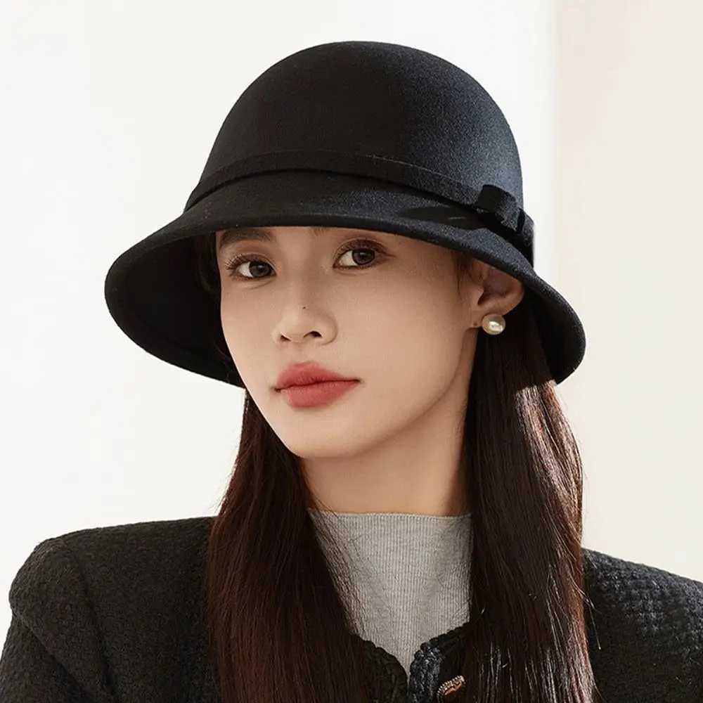 Autumn Winter Bowknot Felt Fedora Hats Fashion Women Girls Panama Cap Vintage Jazz Hat Elegant Soft Dome Bucket CapL251024