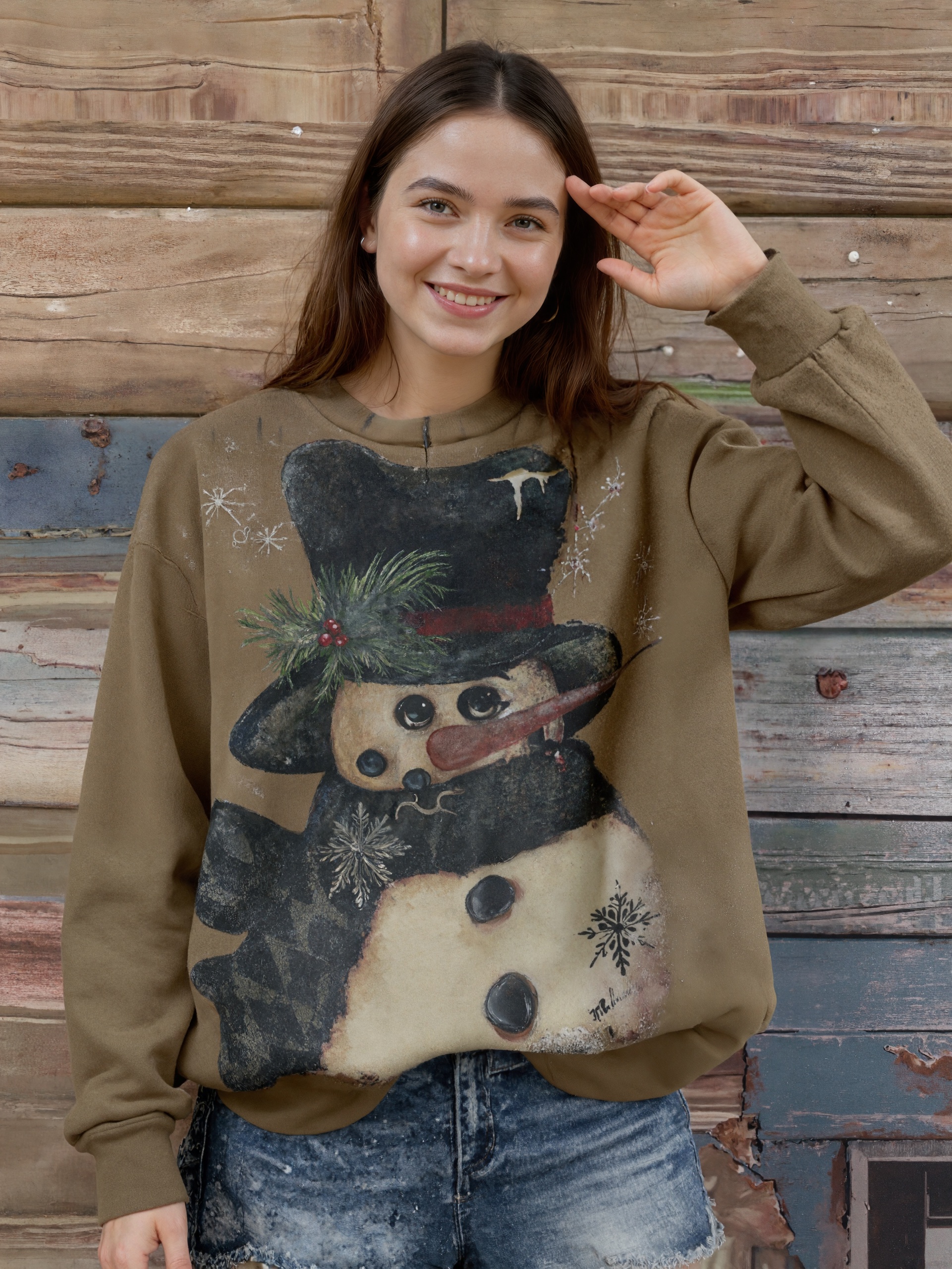 Vintage Brown Christmas Snowman Printed Women's Long Sleeve Sweatshirt, Milk Silk Casual Office Top, S-XXL Deep Brown--CF42041