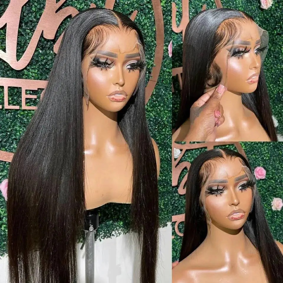 13x4 Long Straight Human Hair Wig Synthetic 13X6 HD Lace Frontal Wig For Black Women Prepucked With Baby Hair Glueless Wig Wear And Go