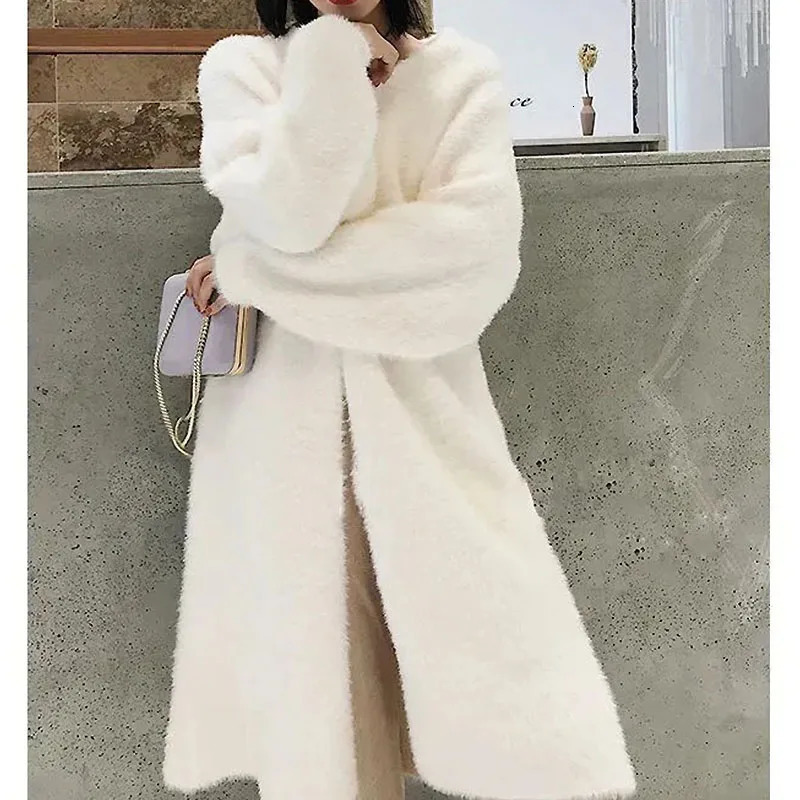 white Long Cardigan for women winter clothes Knitted fluffy long sleeve Cashmere sweater coat clotkorean style warm vintage 251013
