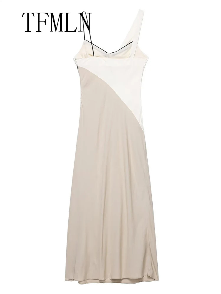 TFMLN Elegant Women Patchwork Slim Strap Dress 2025 Summer Pile Collar Sleeveless Beach Party Dress Sexy Asymmetrical Midi Dress 251023