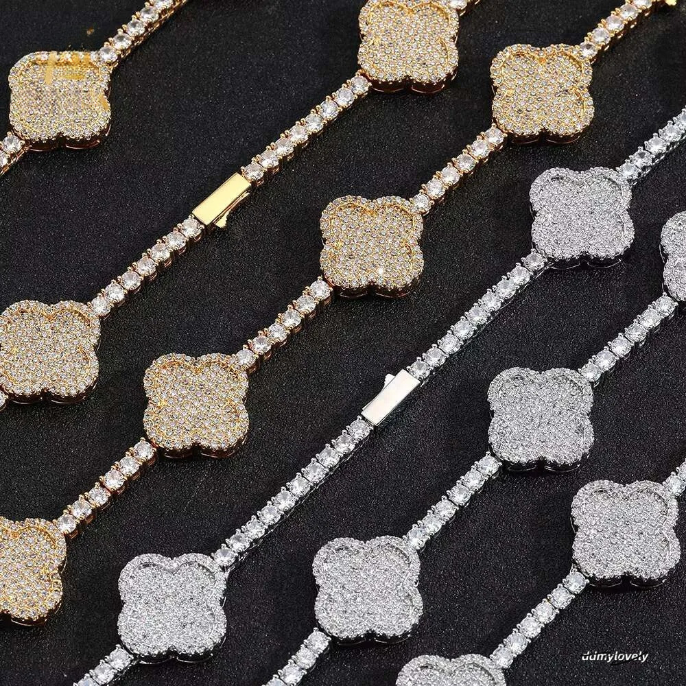 Hip Hop Fine Jewelry Four-Leaf Clover Tennis Necklace Women Gold Plated 3A Zircon Iced Out Bling Dia Chain Ddmylovely