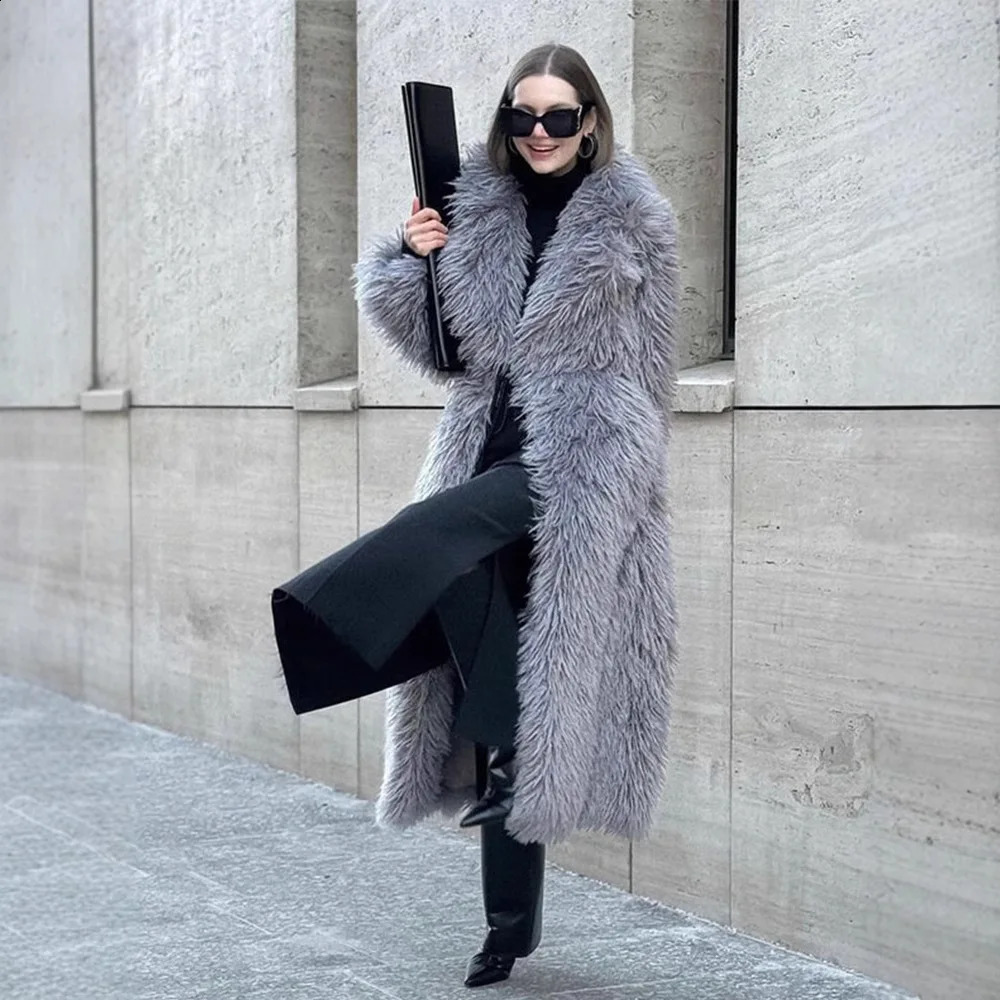DEAT Fashion Gray Long Fur Coat Womens Lapel Loose Sleeves Plush Thick Overcoat Winter 7A1438 251018