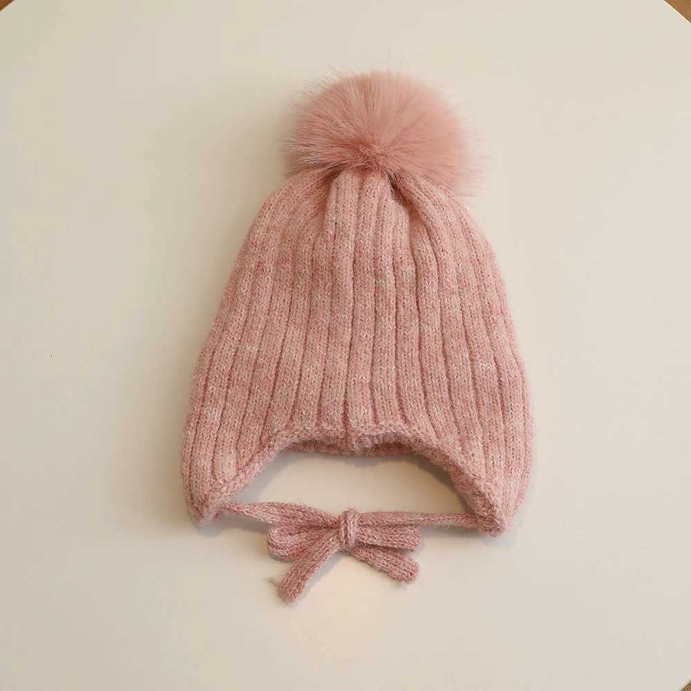Princess Children Winter Hat for Girls Pompom Bows Kids Bonnet Hat Warm Ears Thicken Children Girl Cap Faux Fur Ball 26YL251024