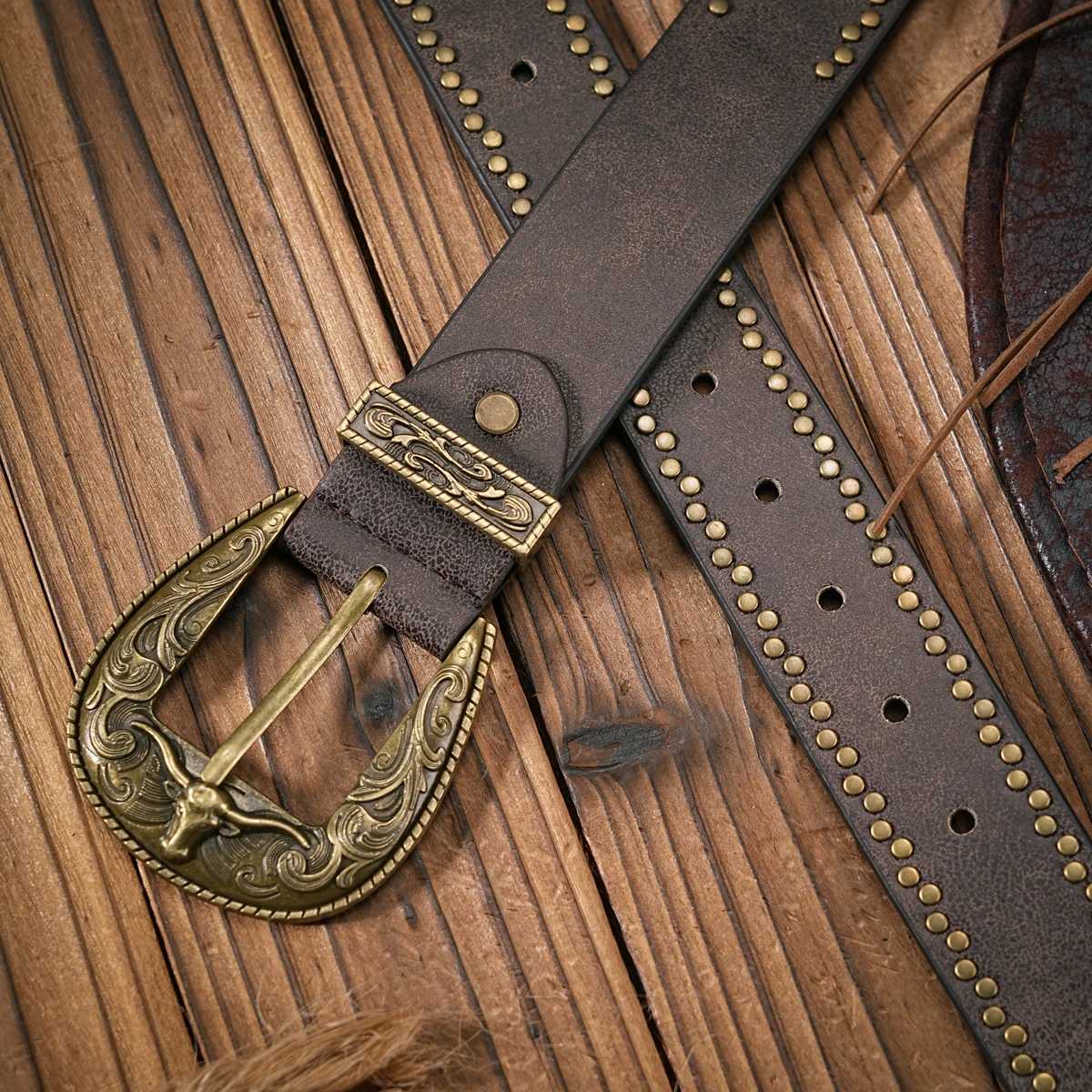 Men Women Western Denim pu leather Belt Vintage jeans with floral carved buckle belt W251024