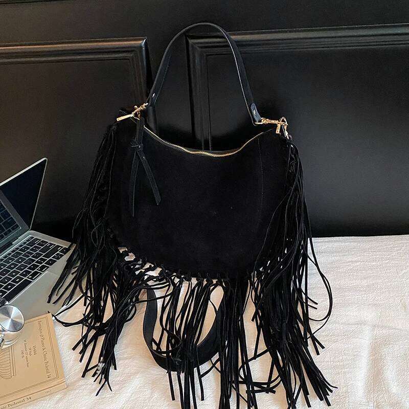PU Tassel Solid Color Shoulder Zipper Large Capacity Bags On Sale 2025 Fashion Versatile Ethnic Women's Handbags