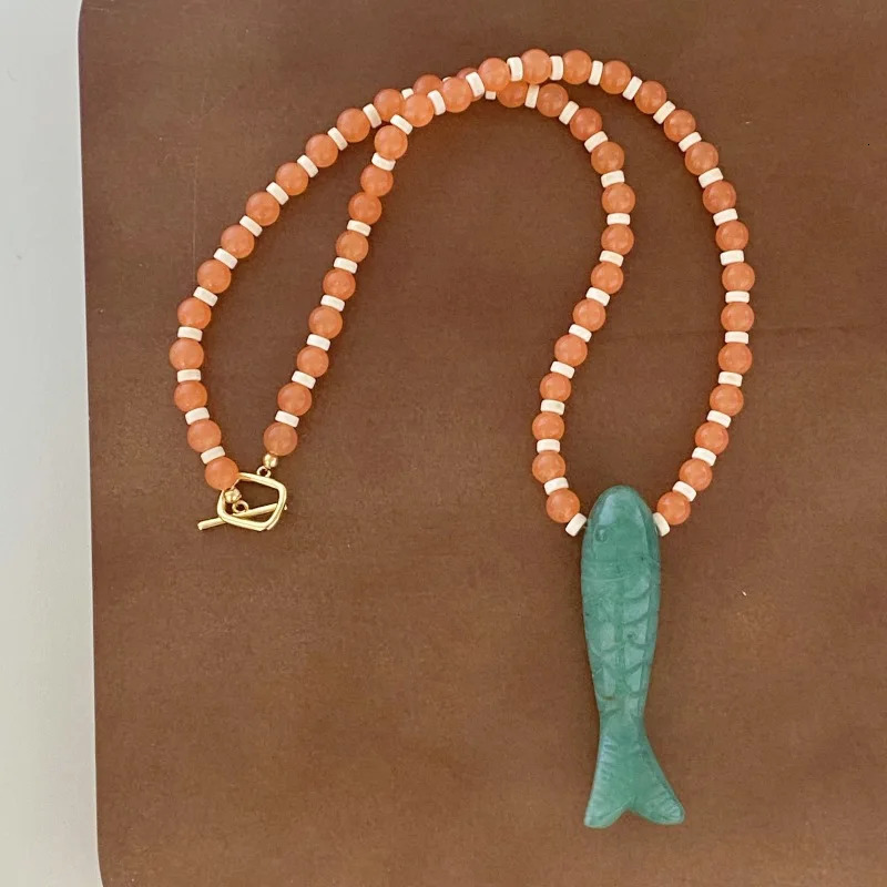 Stone Carved Small Fish Shell Bead Necklace Simple Colorful Stone Clavicle Chain Holiday Jewelry 251016