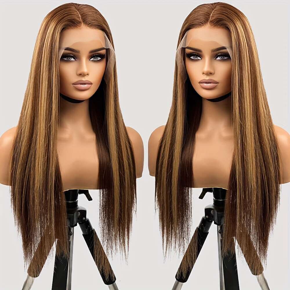 13x4 Honey Blonde Straight Lace Front Highlight Ombre 200% Density Plucked Pre Cut Transparent Frontal Human Wigs For Women With Baby Hair 4/27
