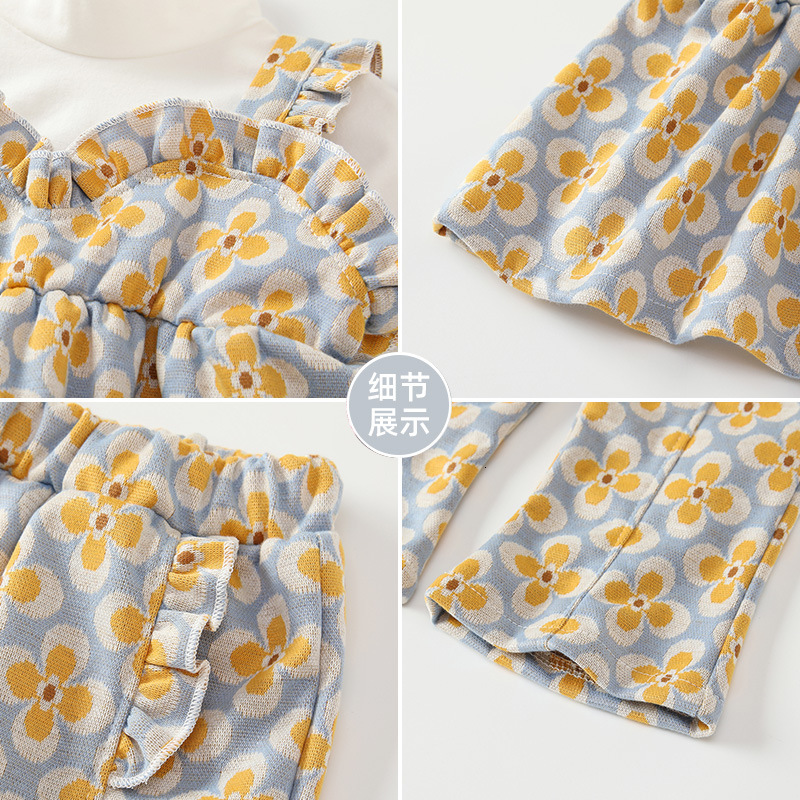 Girls' fashion designer clothing autumn and winter children's clothing design yellow flower short sleeved three piece set for children'