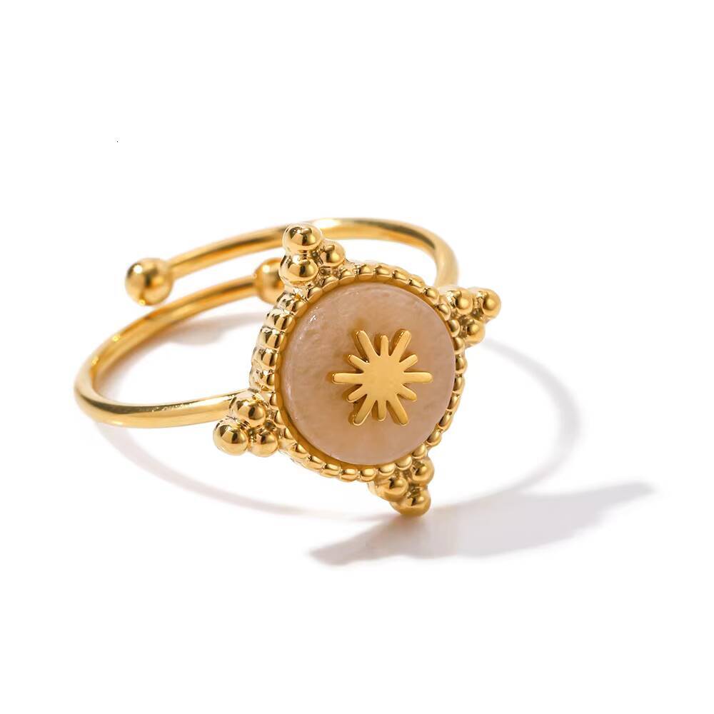 Wholesale French Retro Simple Fashion 18k Gold Stainless Steel Rose Quartz Disc Star Ring Jewelry