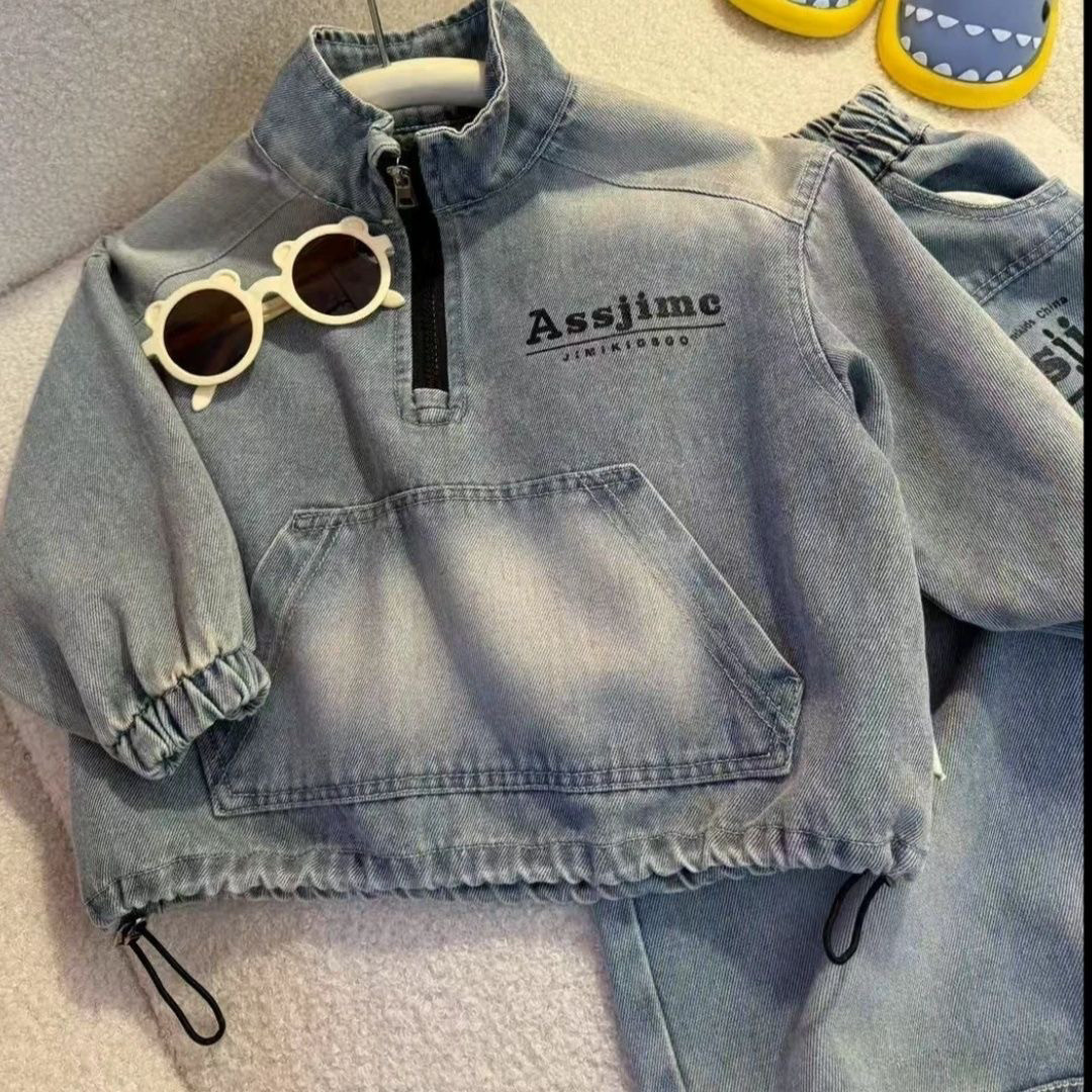 Fashion Children's Clothing 2025 Trendy Korean Boys Denim Set, Cool Denim Jacket with Pants 2-Piece Outfit, Spring Fall Fashion