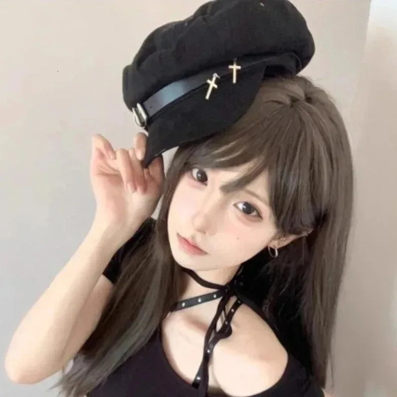 Y2K Punk Leather Beret Gothic Cross sboy Cap British Style Adjustable Cap Unisex Subculture Painter Hat Retro 251021