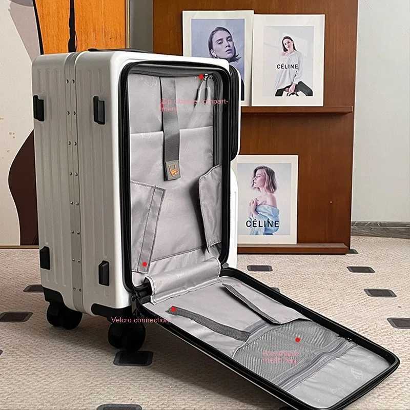 FrontOpening Luggage Multifunctional Travel Suitcase 20Inch CarryOn Business Aluminum Frame Side Pocket Trolley SuitcaseW251024