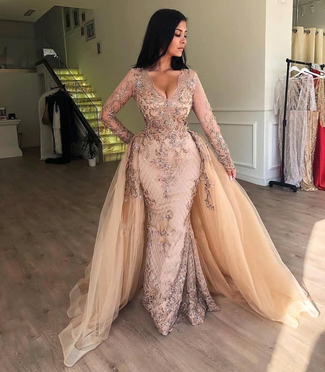 New Mermaid Prom Dresses Long Sleeve v Neck Lace Appliques Crystal Evening Modest Plus Size Formal Dress O24