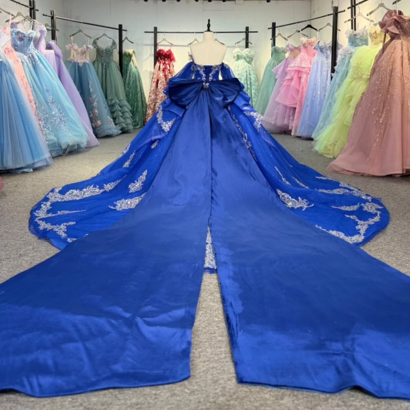 Royal Blue Shiny Quinceanera Dresses Ball Gown Off The Shoulder Applique Lace Beading Crystal Bow Corset Tull Party Birthday Sweet 16 Dress Vestidos 1
