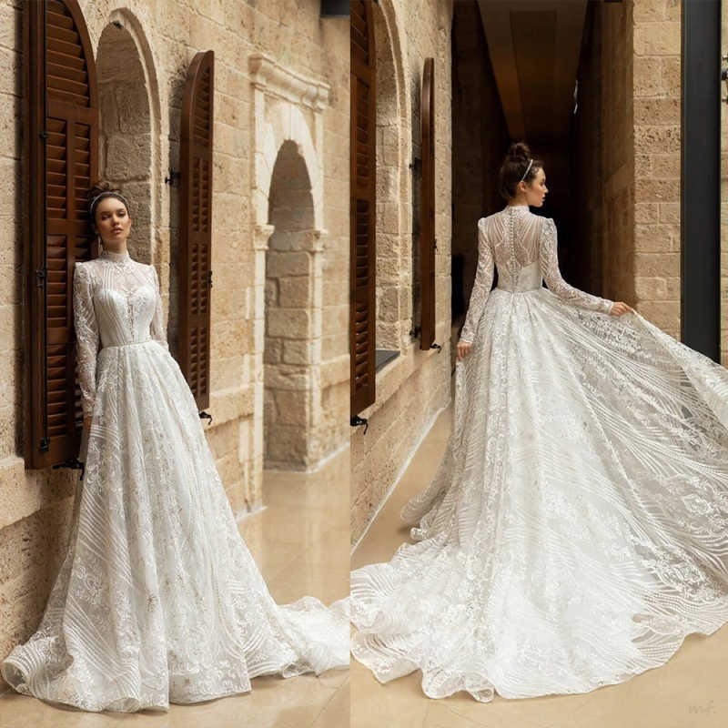 Elegant Wedding Dress High Neck Long Sleeve Lace Appliques Bridal Gown Ball Gown Sweep Train Customized