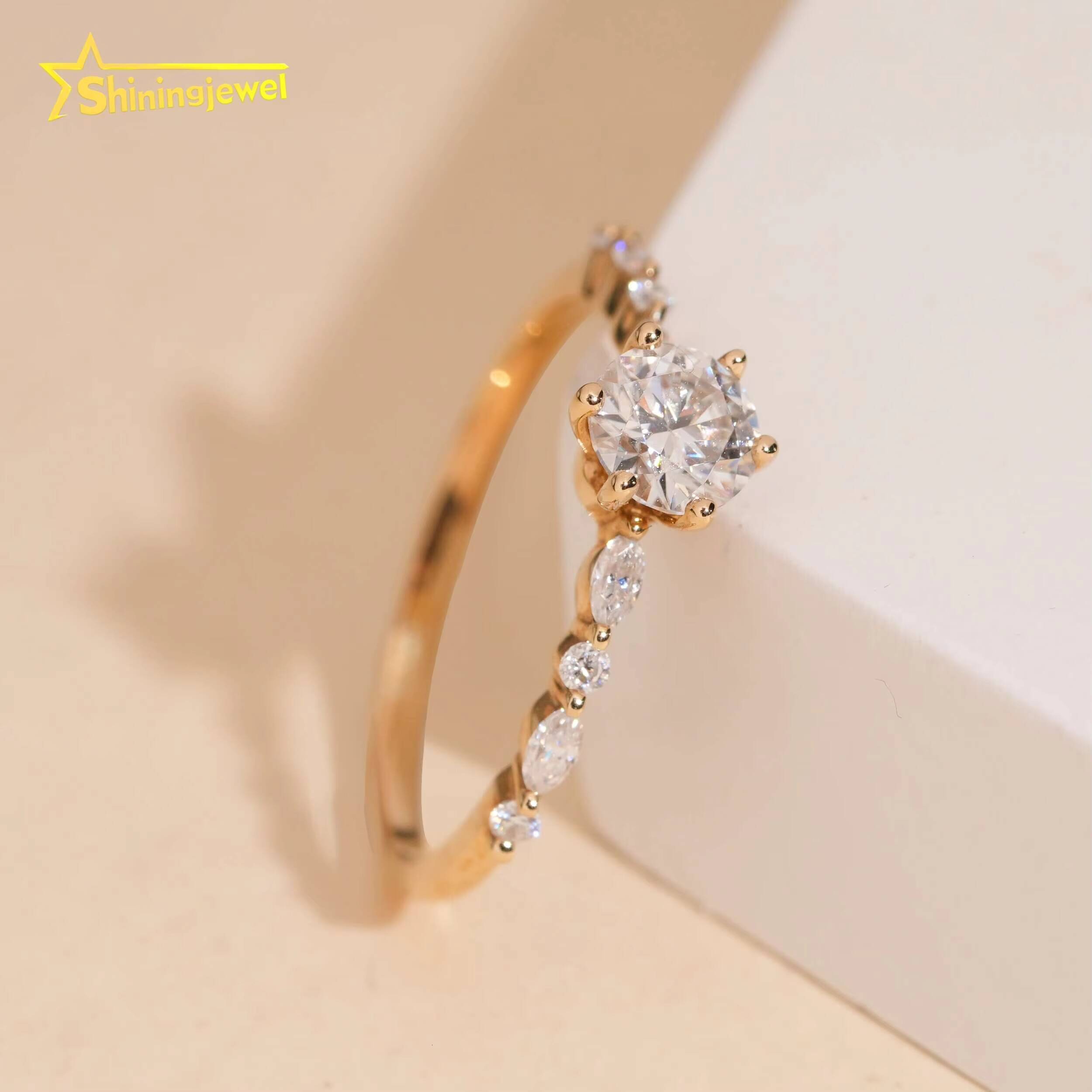 14K Solid Gold Fashion Women Ring Round Cut Moissanite Engagement Rings for Women Pass Diamond Tester