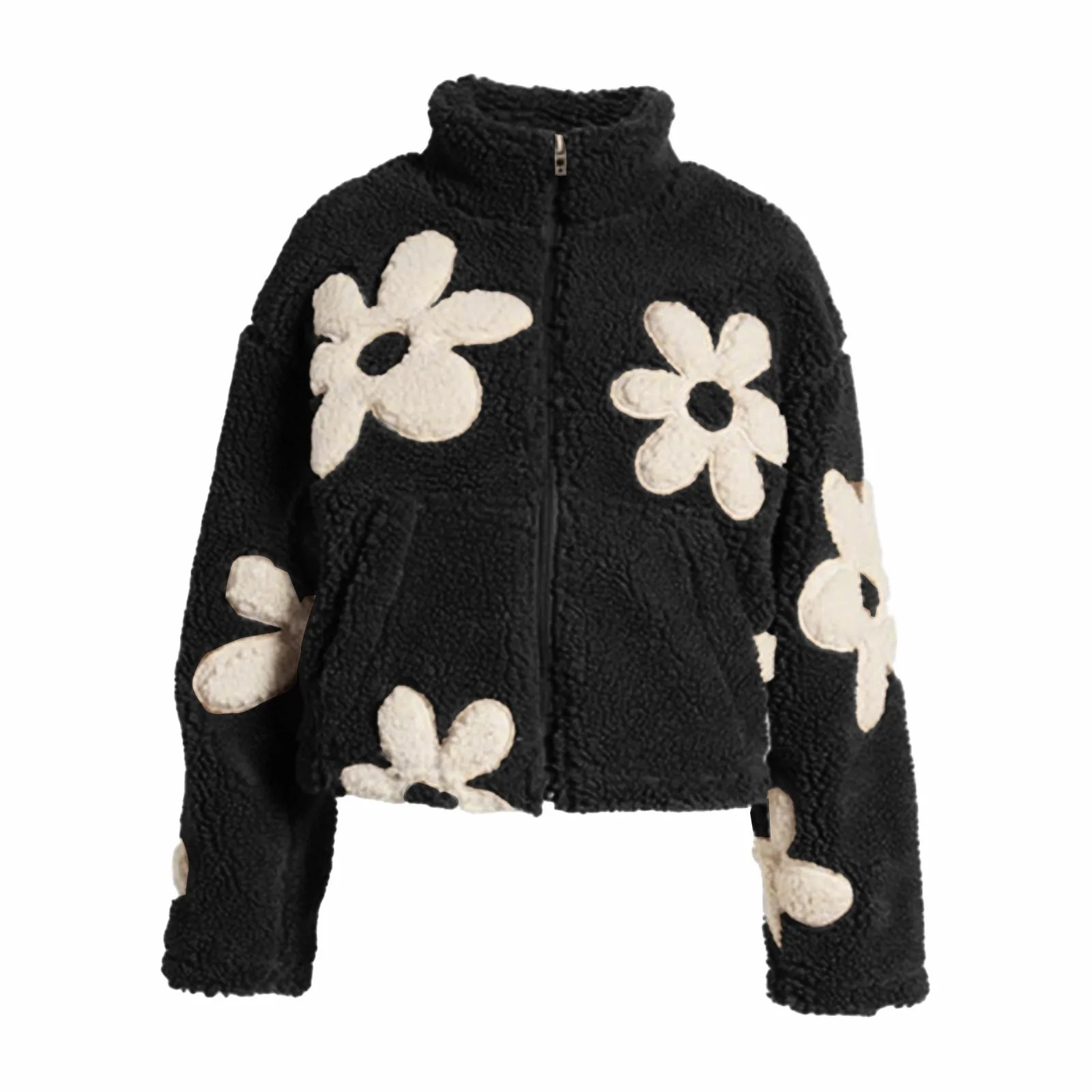 Womens Casual Floral Fleece Jackets Winter Zipper Cropped Plush Coat Female Long Sleeve Lamb Wool Outwears With Pocket Chaquetas 251021