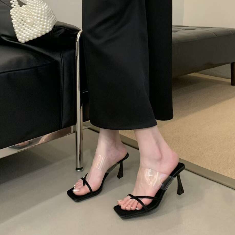 2025 Designer Shoe New Simple Versatile Strap Transparent Square Toe One-Strap Clip-Toe Thin High Heel Outdoor Sandals