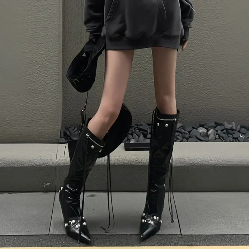 Women Knight High Boots Fashion Tassels Side Zippers Ladies Elegant Pointed Toe Long Booties Womens Footwear 251023