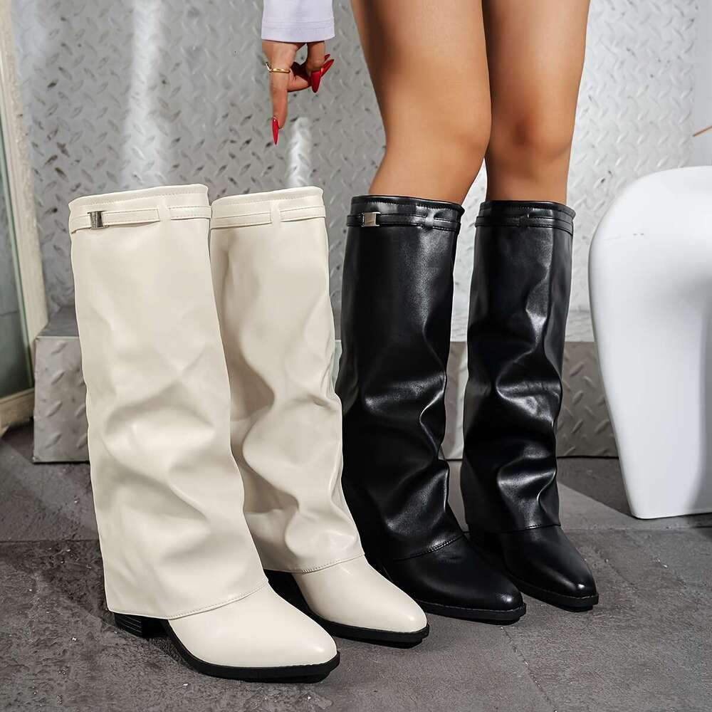 Fashion Mid-Calf Boots, Women's New High Heel Fashions, Slip-On Design Versatile Straight Leg Look All Seasons Simple Non-S