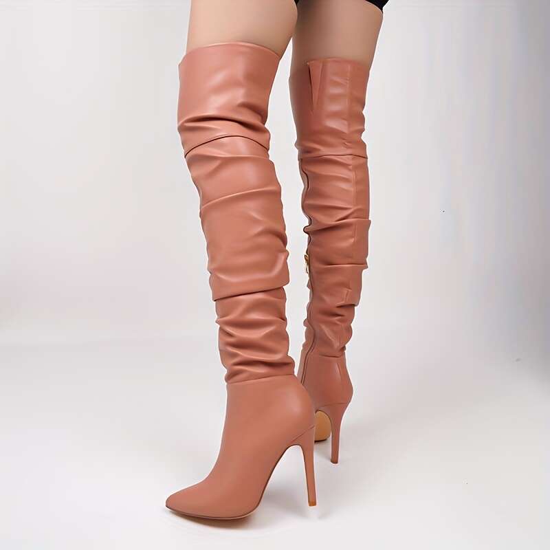 Women's Solid Color Stiletto Heeled Fashion Point Toe Over The Knee Boots, Stylish Side Zipper Faux Leather Boots