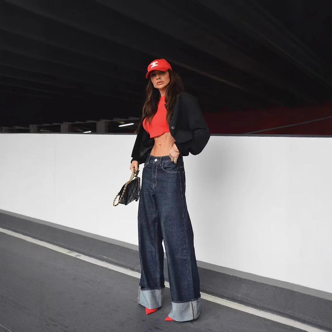 Waist Cinching Split Top Single Breasted Slim Flared Pants Woman Sets Patchwork Jeans Flounce Denim Jacket Casual Womens Suits 250827