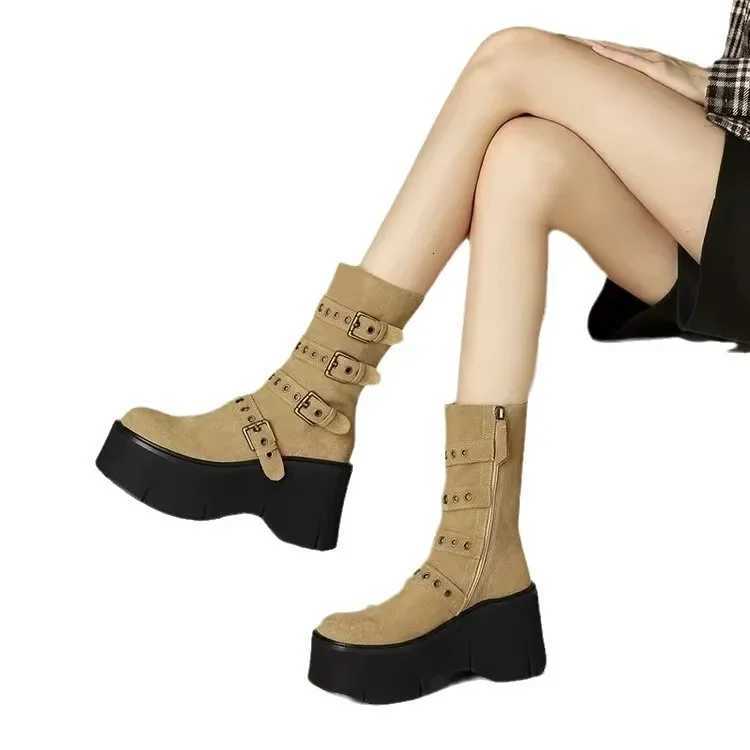 Womens Boots Autumn New Super High Heel 68cm Wedges Thick Soled Boots Zipper Belt Anti Slip Outdoor Short Boots W251024