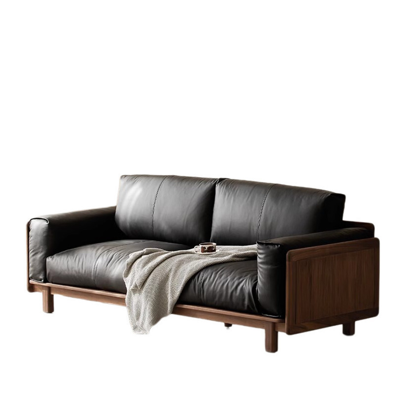Black Walnut Sofa Full Solid Wood Genuine Leather Modern Simple Three-Seater Living Room Small Apartment Home Down Filling