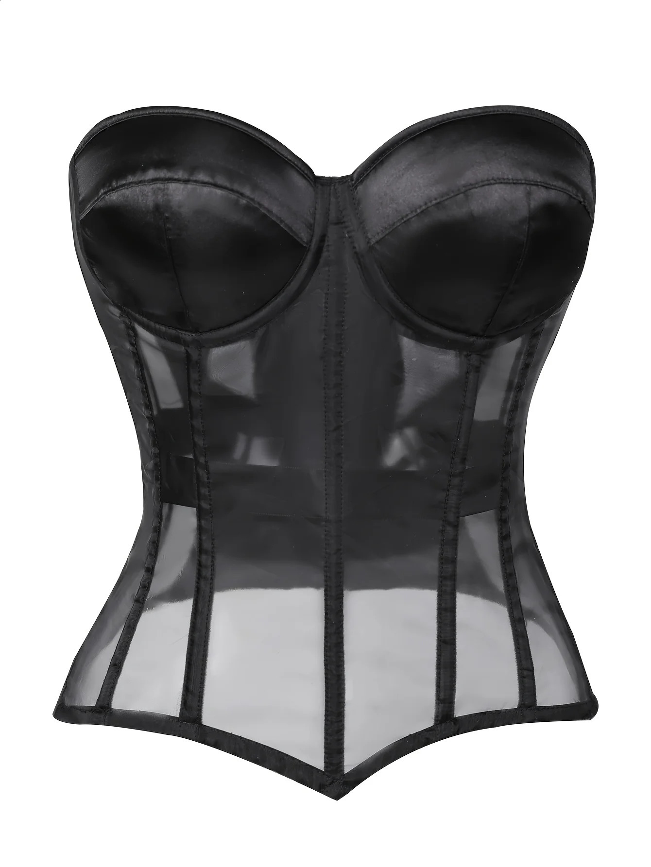 Black strapless mesh seethrough corset top for cinching the waist and shaping the body 251023