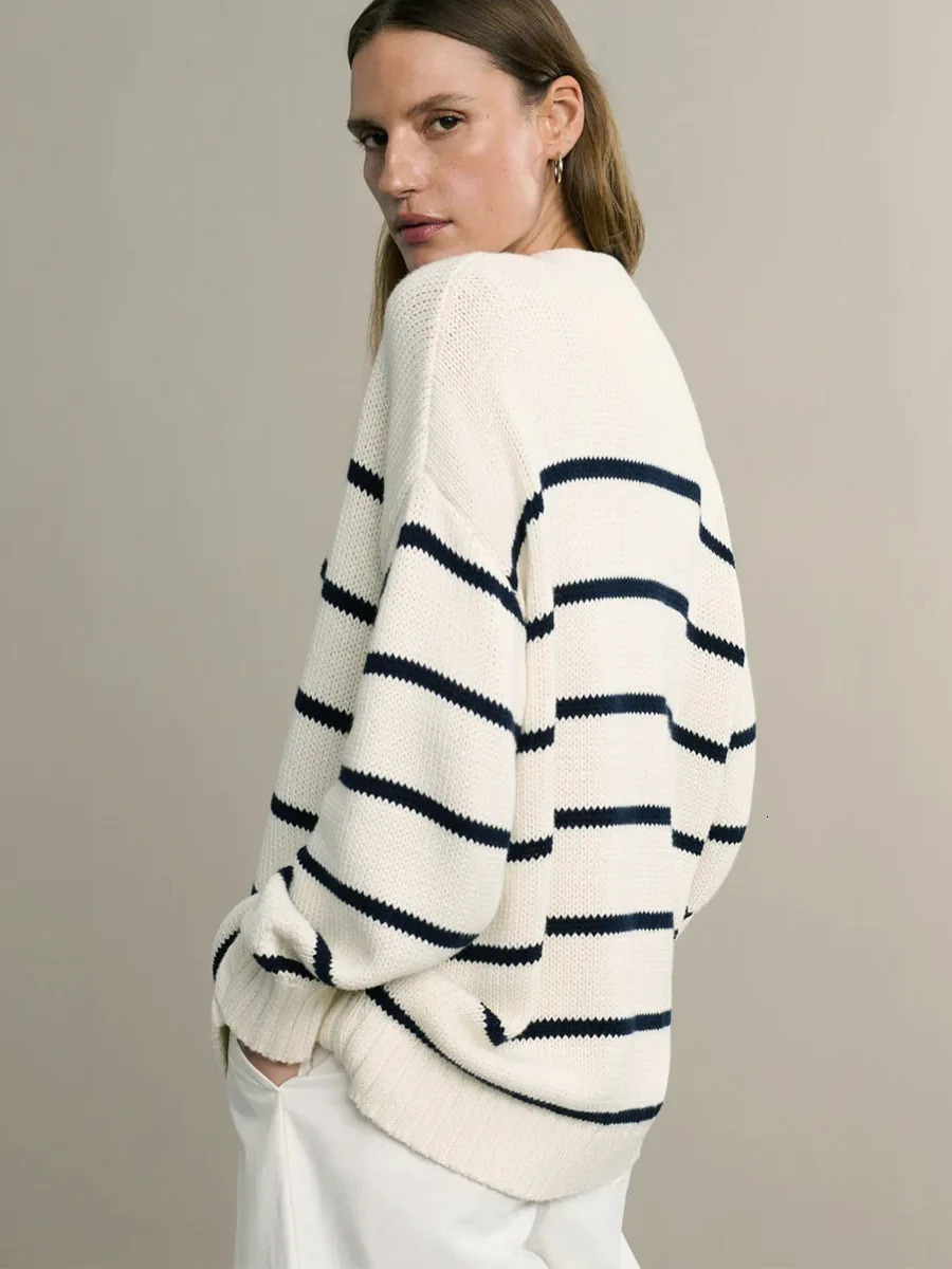 Bornladies Autumn Winter Womens Striped Knit Cardigan V Neck Cotton Thickened Warm Loose Fit Female Sweater Top 251013
