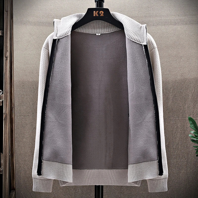 Mens Winter Cardigans Thick Fleece Warm Cardigan Sweaters Casual Stand Collar Full Zip Pockets Solid Knitwear 251015