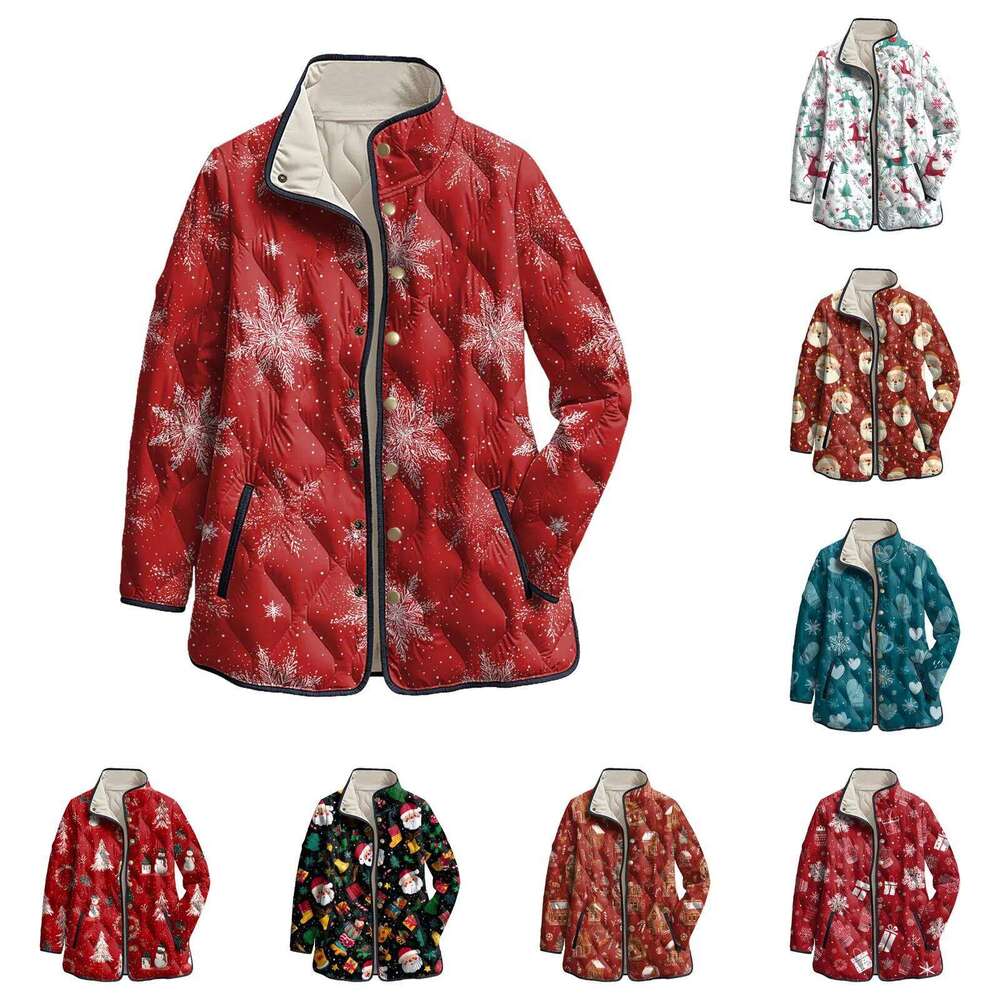 Fashion Christmas Print Cotton Padded Jackets For Women 2026 Autumn Winter Warm Fleece Coat Long Sleeve Button Quilted Jacket