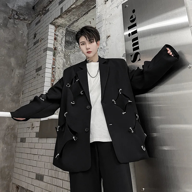 Metal Rivet Ring Decorate Hollow Out Hip Hop Punk Blazers Techwear Style Irregular Casual Suit Jacket For Men 251023