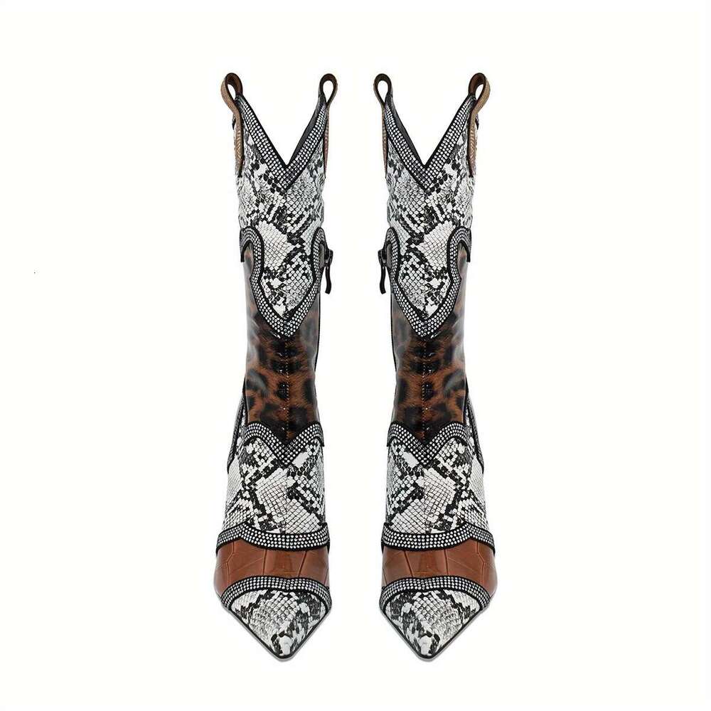 Women's Slim High Heels, Color Blocked Rhinestones, Winter Midsole Boots