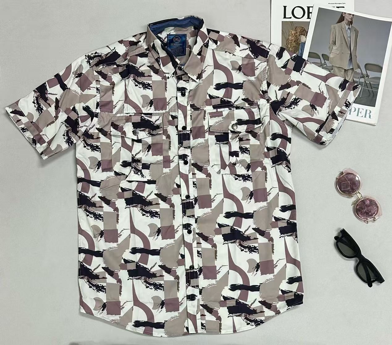 Men's Loose Short-Sleeve Shirt with Digital Print & Pocket Design, Trendy Summer Casual Button-Down, Breathable & Stylish Quick drying anti wrink