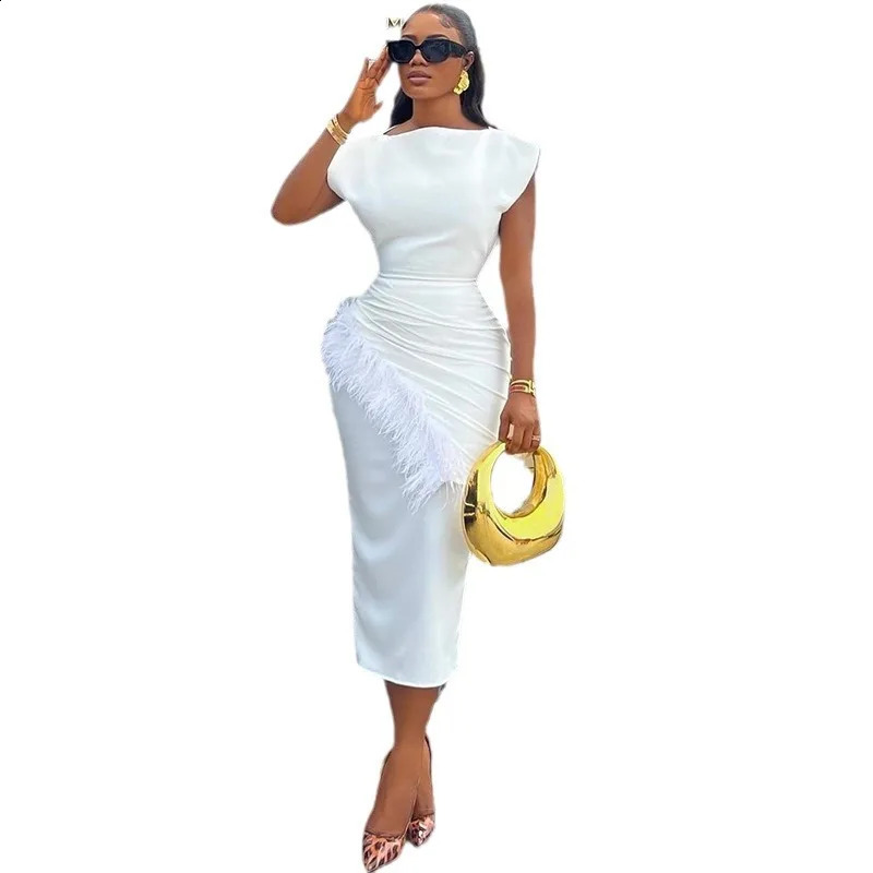 Women Dresses O Neck Pullover Solid Sexy Wrap Buttocks Vestidos Ankle Length Office Lady Dress Slim Fit Sheath Feathers 251020