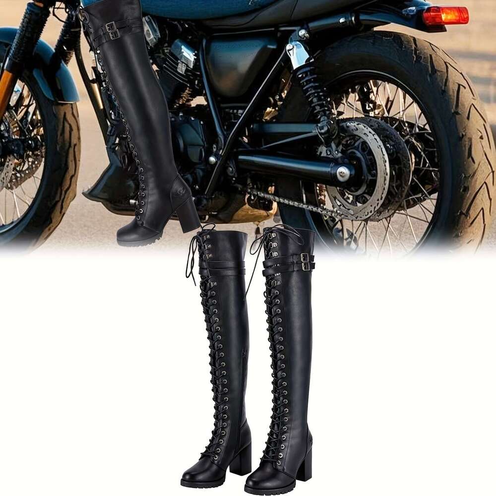 Women's Faux Leather Over The Thigh Boots, Black Lace Up Knee High Chunky Heel, Sexy Biker Boots With Buckle